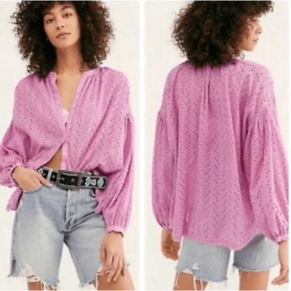 Free People Tops - Free People Maddison Eyelet Blouse Button Front Long Sleeve Oversized SZ XS